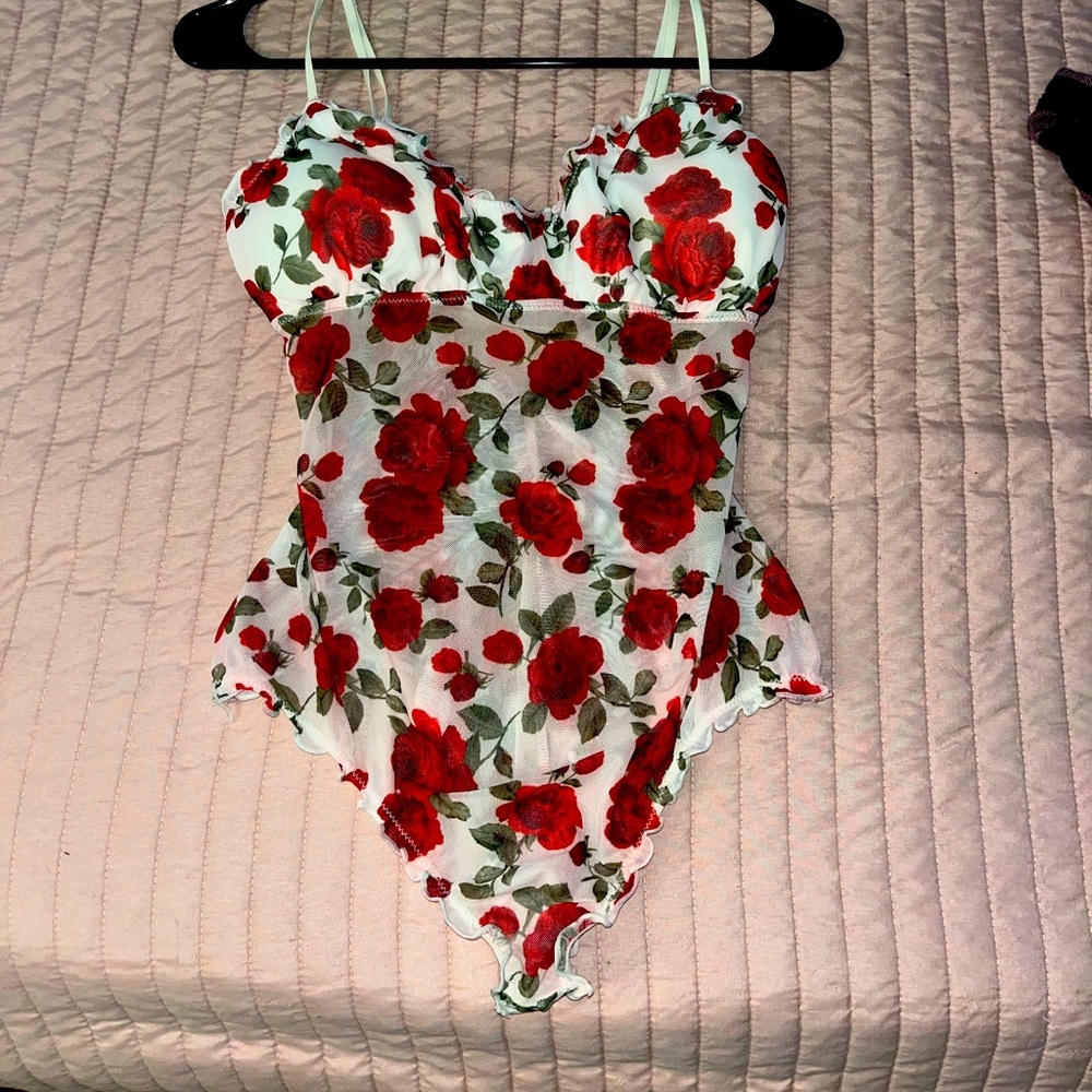 Red floral body suit sheer